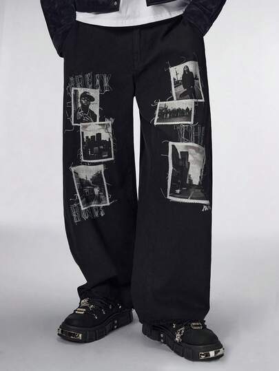 Street Life Jeans oscuros desgastados con estampado gráfico fotográfico para hombres