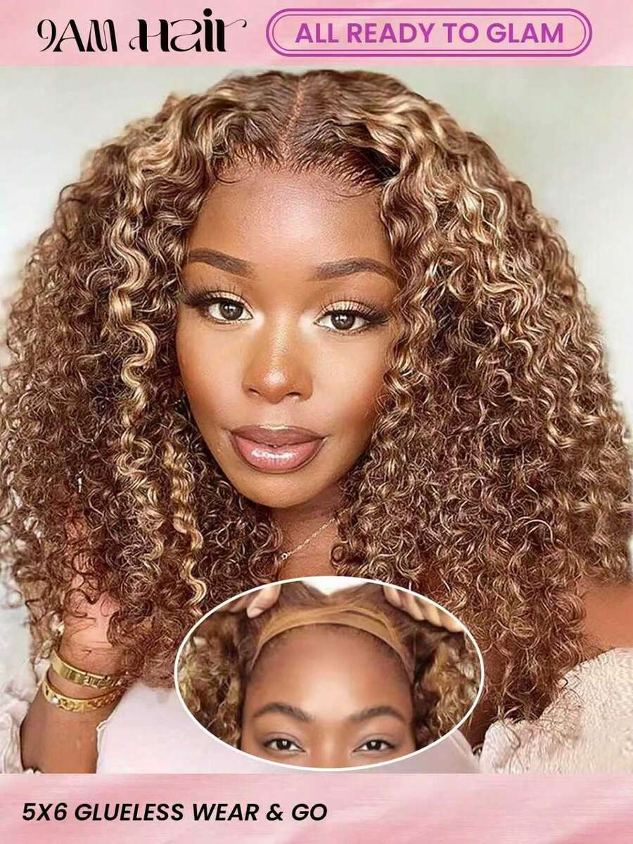 ALL READY WIG 渐变挑染 4/30 水波纹蕾丝前 BOB 假发，真人发，预先拔毛，6x5 无胶佩戴，即戴即走，短卷蕾丝前 BOB 假发，适合，真人发，16 英寸