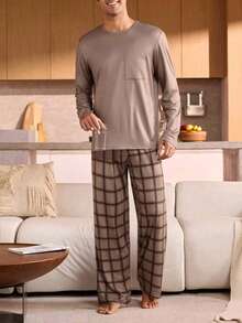 Manfinity Underwear&Sleepwear Basics Plus Size Men's Solid Color Top And Plaid Pants Pajama Set - Brown - View 4