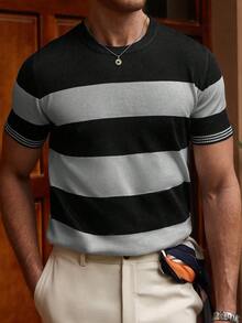 Manfinity Homme 男士撞色条纹圆领短袖针织衫 男士夏季服装 男士度假服装 黑白服装 男士度假两件套 男士休闲两件套 条纹 - 灰色 - 查看 5