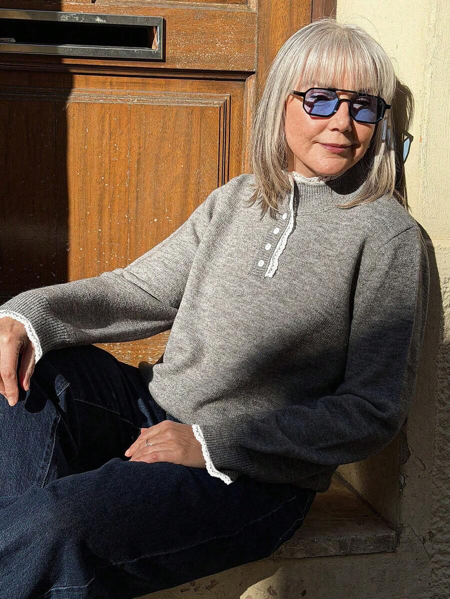 Livesso 女士蕾丝拼接半拉链立领毛衣