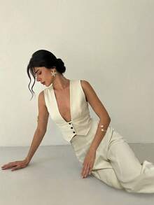 Firerie 2pcs Women Elegant Casual Minimalist Commute Office Daily Vacation V-Neck Sleeveless Blue & White Striped Vest & High Waist Wide Leg Straight Blue & White Striped Pants Set, Hawaii Vacation Outfit - Apricot - View 6