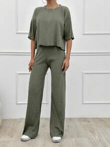 SHEIN Tall Cotton Simple Summer Solid Loose Drop Shoulder Short Sleeve Top And Straight Pants - Army Green - View 4