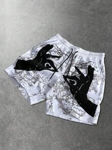 ROMWE MEN Street Life 男士休闲街头美式英语印花短裤 - 卡其色 - 查看 4