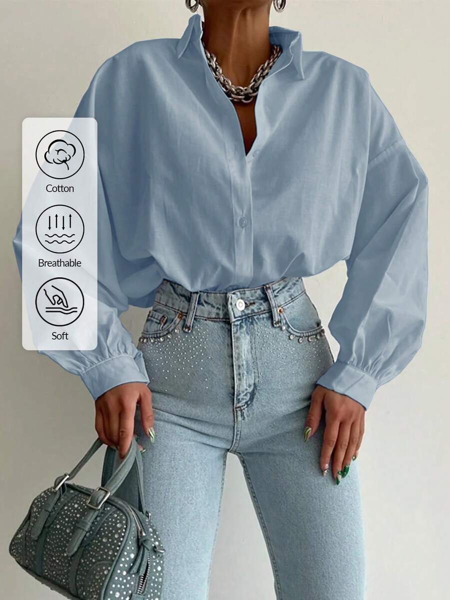 EURMUSE Cotton Solid Drop Shoulder Button Front Shirt - Blue - View 1