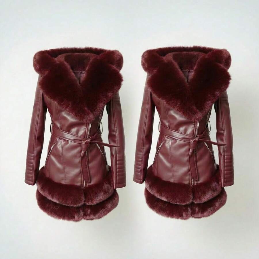 Abrigo Largo para Mujer con Cinturón y Detalle Tipo Peluche Elegante 2Pz - Burdeos - Ver 1