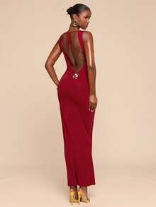 SHEIN BAE Red Sleeveless Backless Metal Buckle Decor Sexy Elegant Dress, Suitable For Valentine's Day, Party, Romantic Date, Bridesmaid, Prom, Birthday, Spring/Summer Open Back Dresses Gowns Glamorous Dress - Red - View 4