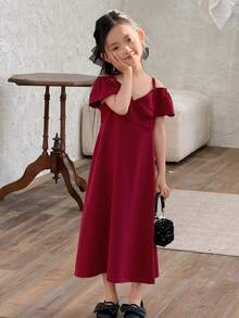 DAZY Young Girl' Ruffle Trim Solid Color Party Birthday Casual Summer Dress - Burgundy - View 3