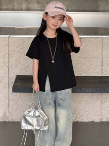 DAZY 女童休闲圆领开衩下摆短袖T恤，春夏款 - 黑色 - 查看 4