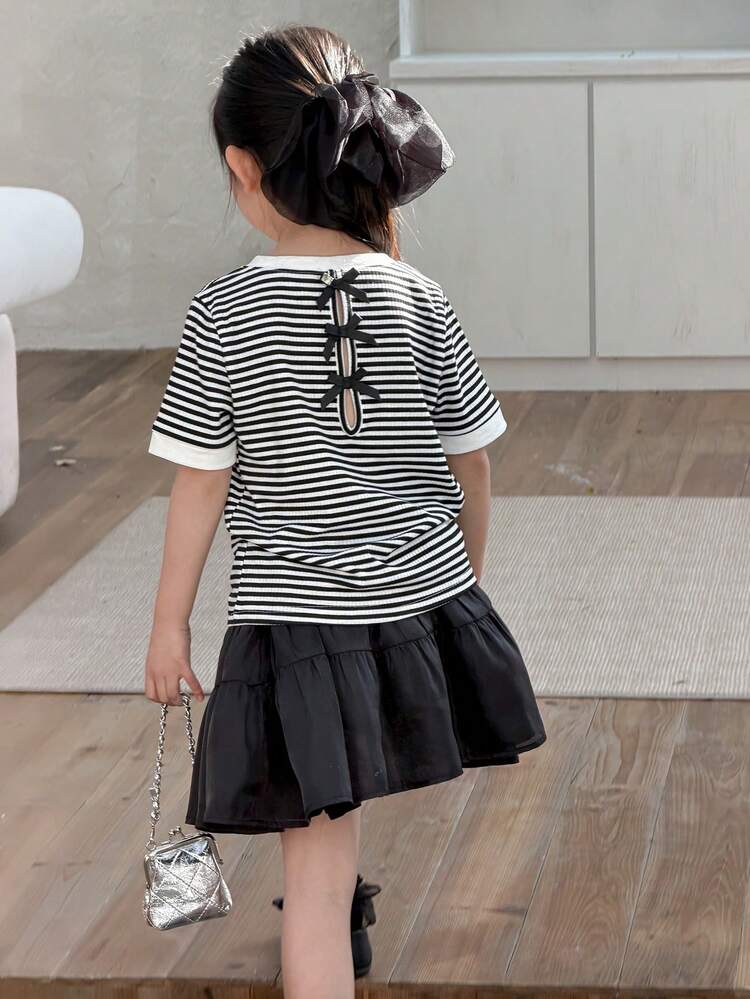 Young Girl' Round Neck Striped Short Sleeve Bow T-Shirt Summer