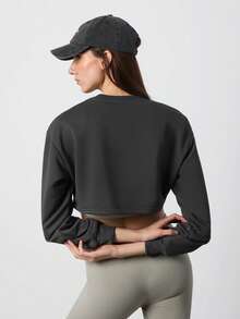 SURIMA Casual Minimalist Grey Printed Pattern Crew Neck Long Sleeve Loose Cropped Women Sweatshirt - Dark Grey - View 2