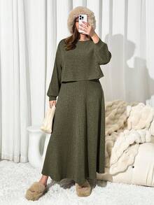 Auralis Set casual da donna taglie forti con top a spalle scoperte e gonna, adatto per raduni - Verde militare - Visualizzare 4