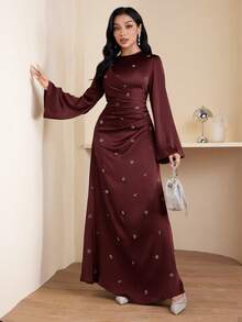 Veilorie 女士圆领喇叭袖水钻装饰褶皱连衣裙，优雅 - 酒紅色 - 查看 4