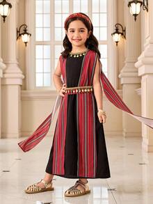 SHEIN 女童精美花卉印花腰带亮片睡袍，时尚优雅，适合派对和外出穿着。 - 黑色 - 查看 6