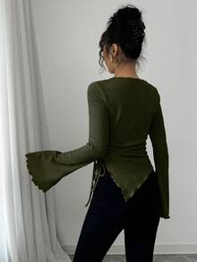 Selianne Women's Asymmetrical Hem Drawstring T-Shirt With Flare Sleeves, Ribbed Collar, Autumn/Winter - Army Green - View 2