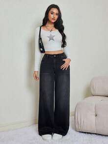 SHEIN Tall 秋冬女款休閒口袋直筒牛仔褲，保暖內裡，低腰黑色牛仔褲，適合高個女性 - 黑色 - 查看 3