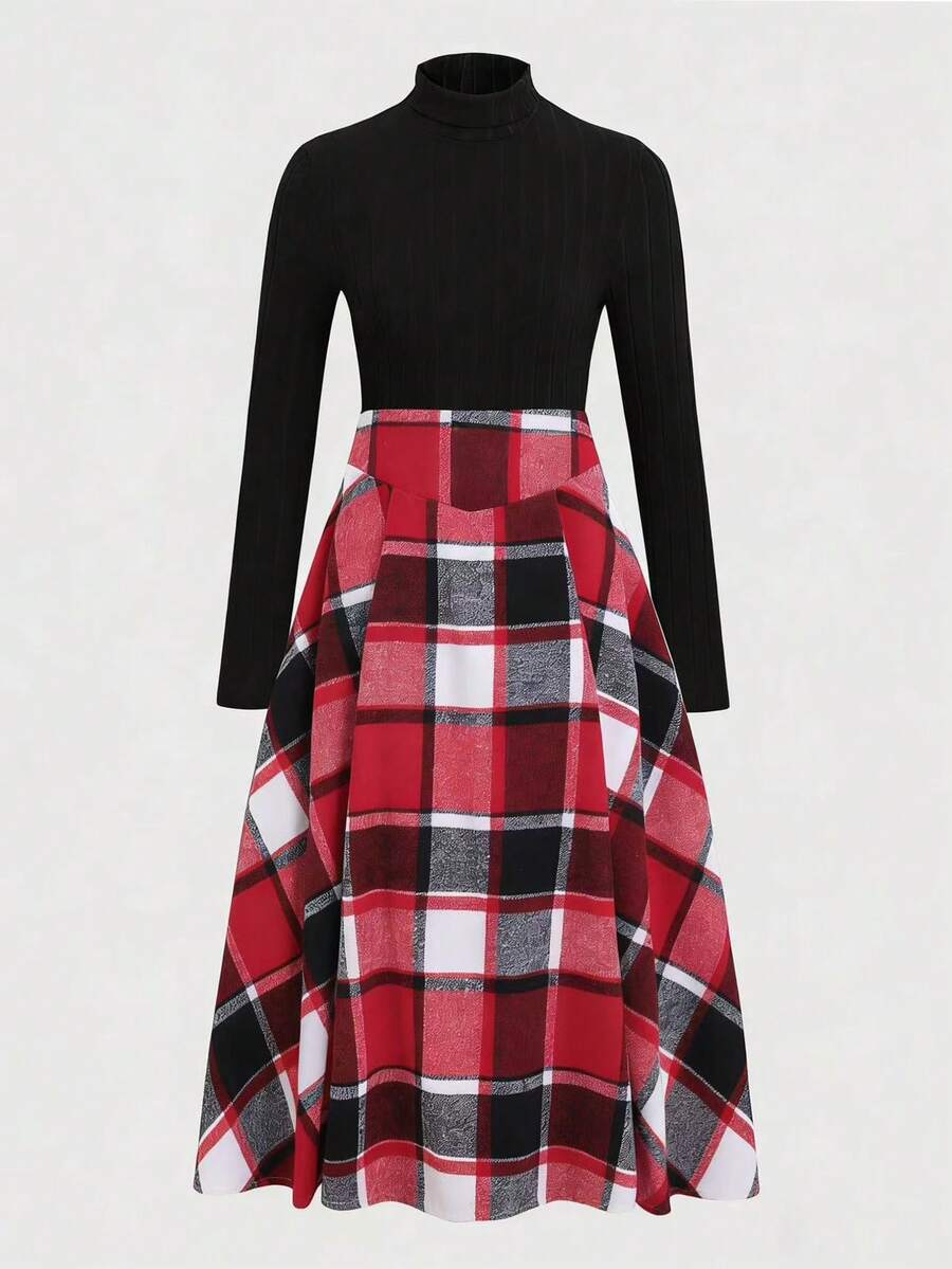 SHEIN 少女纯色高领长袖罗纹T恤和格子迷你裙休闲套装 - 彩色 - 查看 1