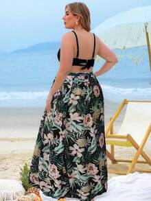 Swim Vcay Plus Size 3pcs Padded Ruched Printed Swimsuit Set, Beach Vacation Style - Multicolor - View 2