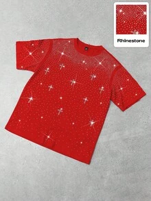 Manfinity Homme 男士休闲宽松短袖T恤，黑色，水钻装饰，宽松廓形，成熟街头风，适合通勤、日常穿着、返校、度假，是送给男友/老公的绝佳礼物，情侣装。 - 紅色 - 查看 3