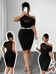 Elenzga Gaun Bodycon Seksi Wanita Ukuran Plus dengan Kerah Asimetris dan Patchwork Jala - Hitam - View 1