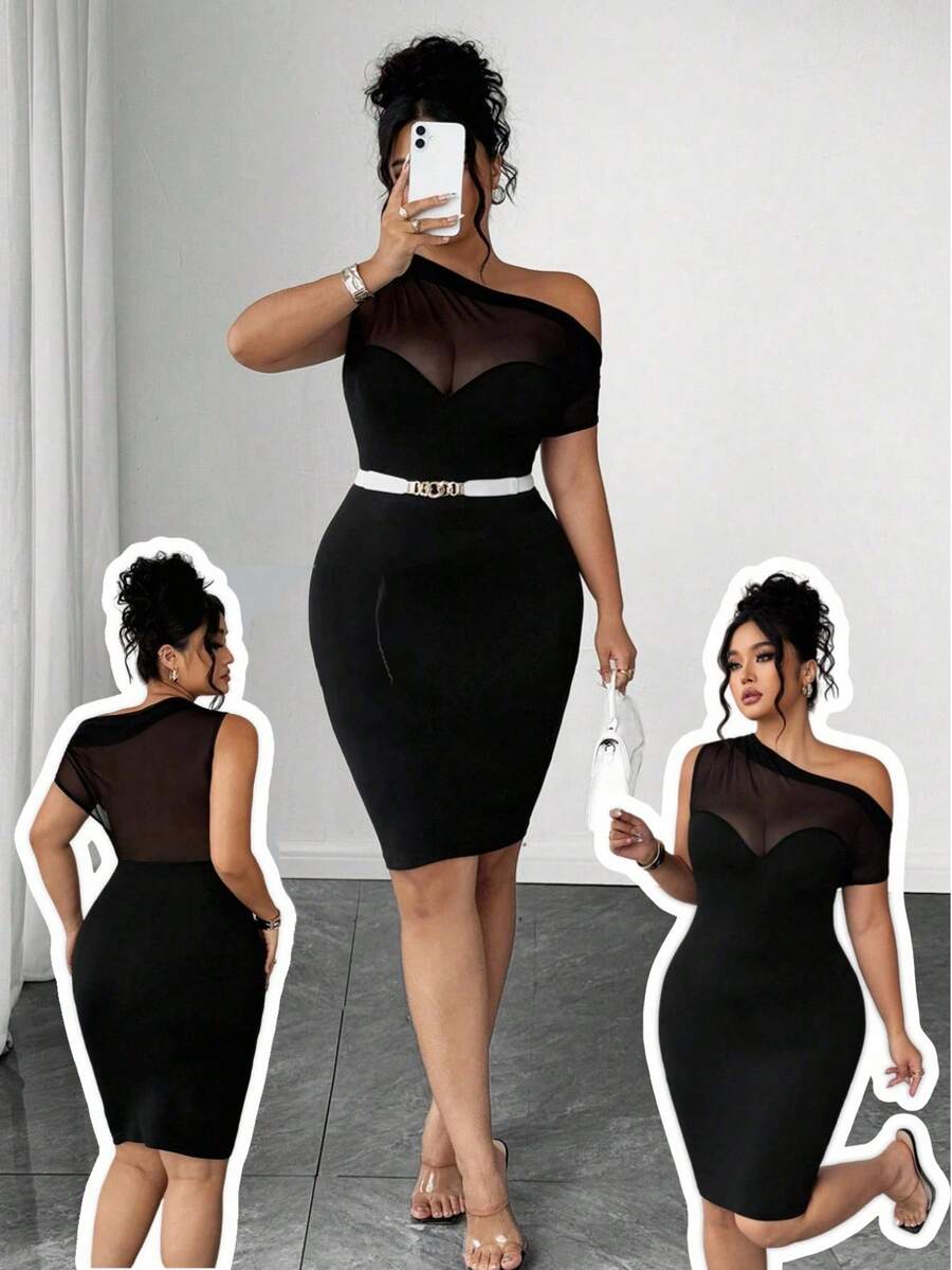 Elenzga Gaun Bodycon Seksi Wanita Ukuran Plus dengan Kerah Asimetris dan Patchwork Jala - Hitam - View 1