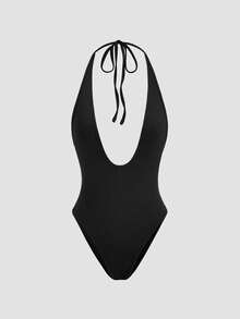 Sweetra Black Deep V Neck Backless Bodysuit, Highly Elastic, Minimalist, Suitable For Vacation, Party, Everyday Wear, Spring/Summer - Black - View 1