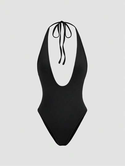 Sweetra Black Deep V Neck Backless Bodysuit, Highly Elastic, Minimalist, Suitable For Vacation, Party, Everyday Wear, Spring/Summer