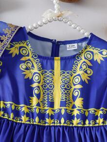 SHEIN 女婴优雅复古印花披肩领连衣裙，适合派对穿着 - 藍色 - 查看 7