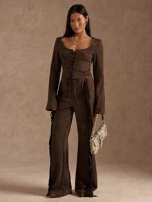 SHEIN BAE 复古流苏系带修身女裤 - 摩卡棕 - 查看 7