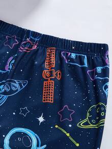 太空主题印花睡衣套装，适合青少年男孩，宇航员和火箭图案长袖上衣和裤子，两件套修身家居服 - 黑色 - 查看 8