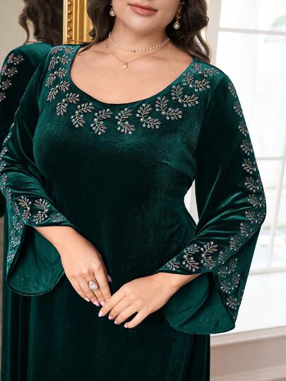 Al Najma Plus Size Women's Elegant Leaf Embroidery Flare Sleeve Arabic Style Dress, Autumn Arabic Dress For Women Turkish Dress