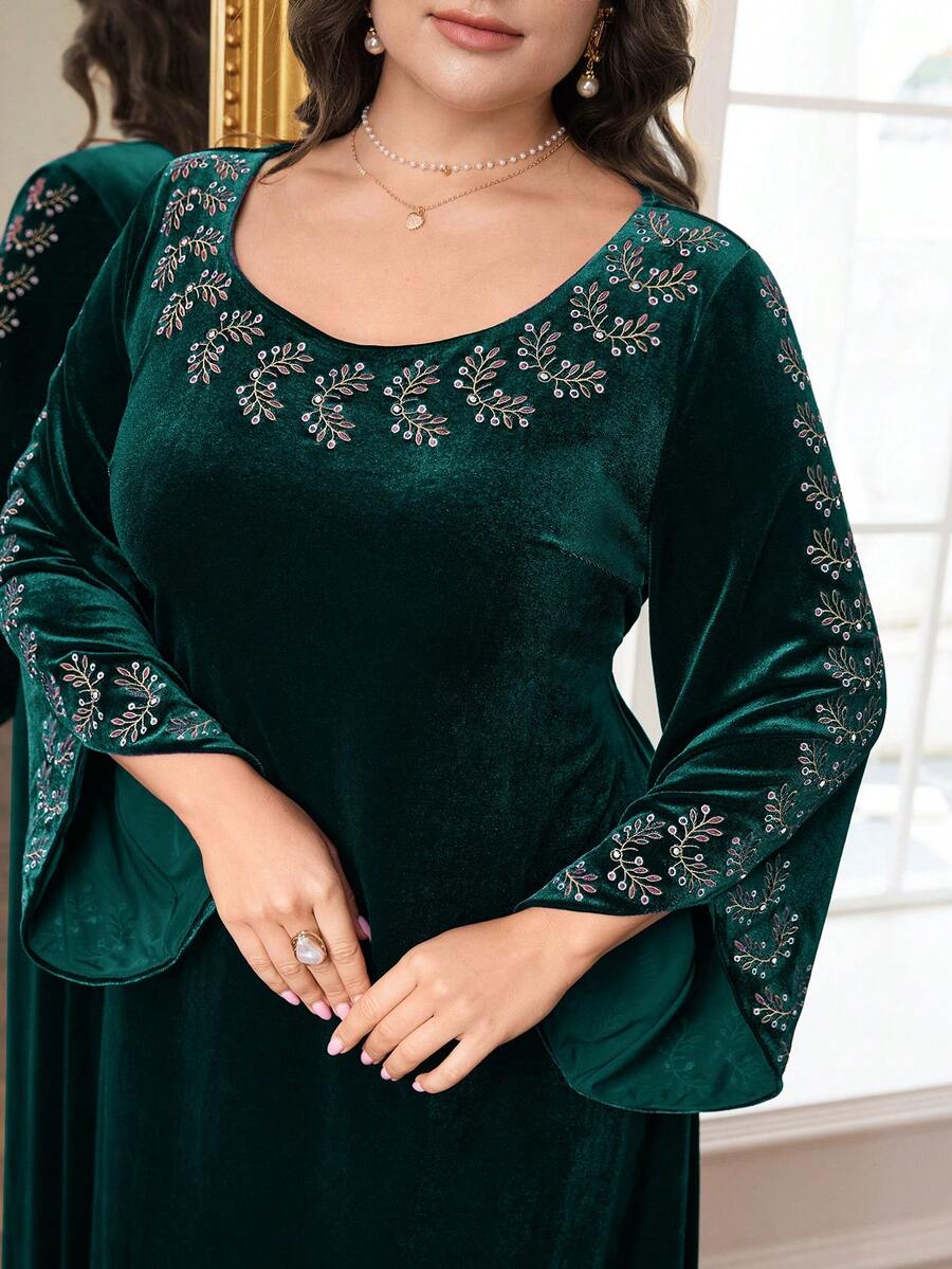 Al Najma 大码女士优雅树叶刺绣喇叭袖阿拉伯风格连衣裙,秋季 - 墨綠色 - 查看 1