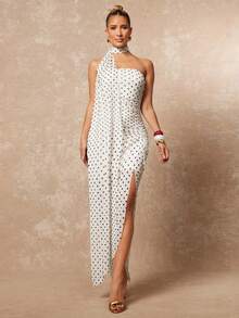 Lumalex Women's Elegant White Base Black Dot Sexy Strapless Ruched Slit Design Sleeveless Fitted Flared Dress, Spring/Summer - Black and White - View 9