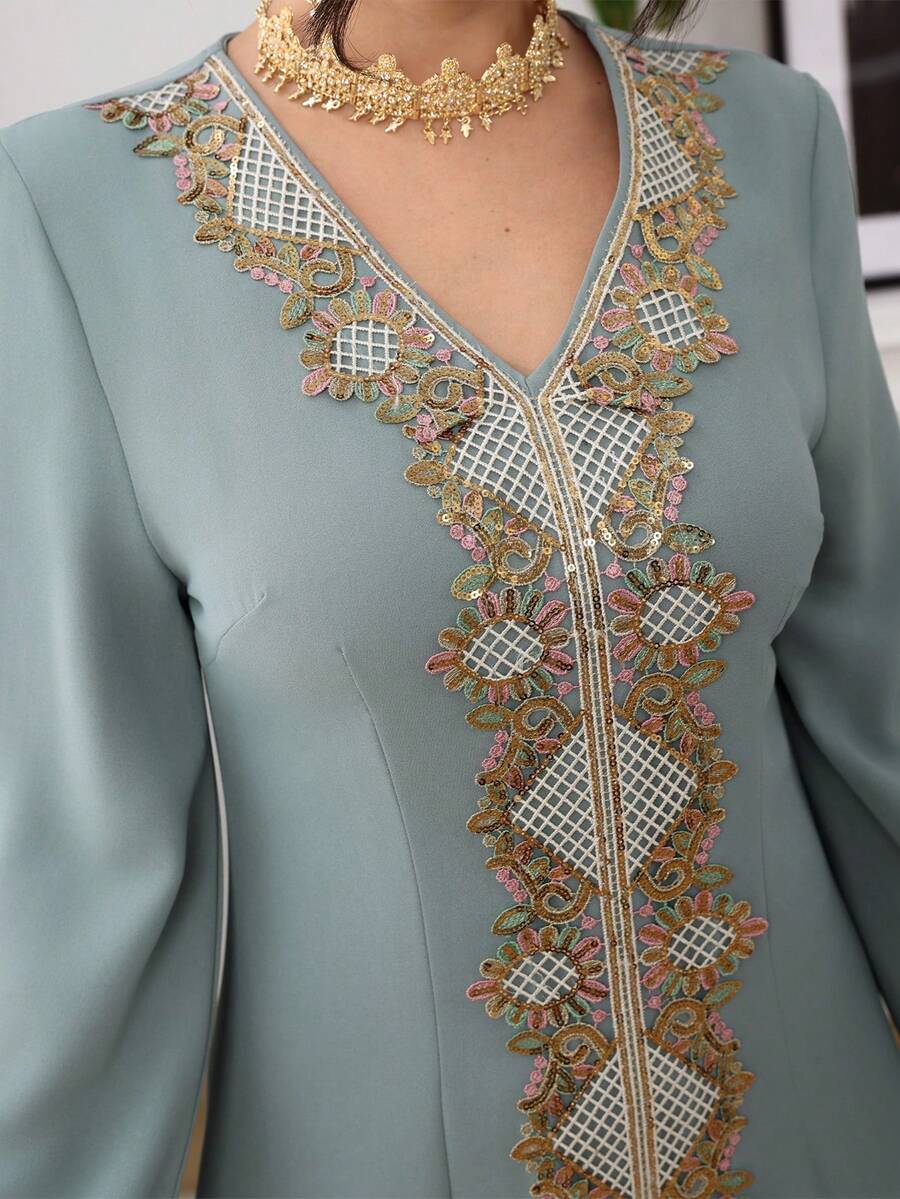 Al Najma 2025 New Olive Green V-Neck A-Line Dress, Fashion Lace Embroidery Patchwork Turkish Maxi Dress Kaftan Jalabiya Dress - Green - View 1