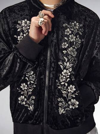 Street Life Chaqueta casual de hombre de manga larga con bordado floral de terciopelo vintage, otoño