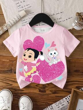 CoComelon X SHEIN T-shirt à manches courtes pour jeune fille, décontracté pour le quotidien et les trajets, avec motifs de cœurs et de personnages de dessins animés. Idéal pour l'été.