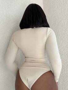 Alexandranx Women's Casual Solid Color Square Neck Long Sleeve Bodysuit - Beige - View 2