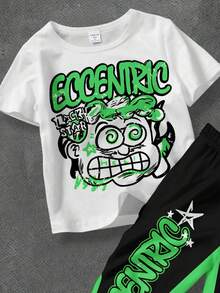 男婴休闲卡通印花短袖上衣和喇叭裤针织套装，2件套，适合夏季穿着 - 白色 - 查看 3