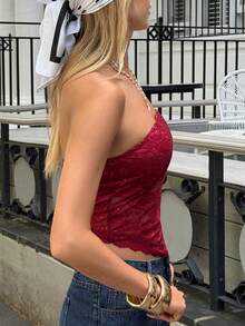 SHEIN EZwear 蕾丝拼布不对称下摆性感无袖露肩短款上衣