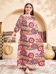 SHEIN Tween Girls All Over Print Flounce Sleeve Flared Hem Long Vacation Dress - Black - View 4