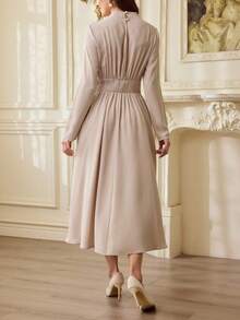 Vintamour Đầm nữ cổ điển thanh lịch có túi, cổ lửng, thích hợp mặc đi làm, đi nghỉ mát hoặc dự tiệc. - Màu be - Xem 5