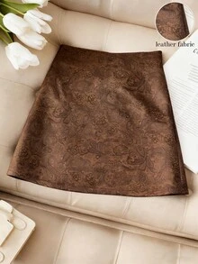 Franclia Women's High-Quality Luxurious Romantic Suede-Like Fabric Foil Cashew Flower Print Retro Design Elegant Commuter Versatile A-Line Skirt - Brown - View 1