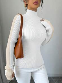 RosyDaze Contrast Color Collar Raglan Sleeve Slim Fit Basic Tee High Neck Top Ribbed Top Tight Tops Women's Turtleneck Mock Neck Top - White - View 5
