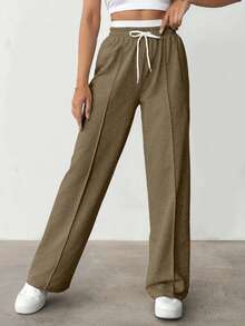 EURMUSE Cotton Drawstring Waist Seam Front Casual Sweatpants - Mocha Brown - View 8