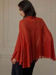 Revavyn Red-Brown Mandarin Collar Ruffle Sleeve Top, Graceful Vintage Style, Suitable For Daily Casual Wear - Red - View 2