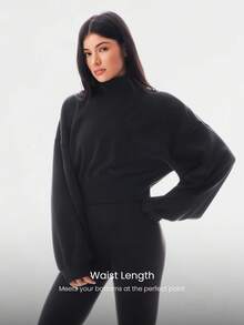 GLOWMODE Modal Soft Warm Curved Bubble Hem Waist Length Oversized Ribbed Cuffs High Neck Pullover Sweatshirt Daily - Black - View 3