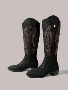Styleloop Women's Knee High Pointed Toe High Heel Fashion Boots With Embroidery Detail, Cowboy Boots For Women - Mocha Brown - View 3