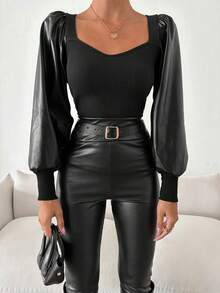 EURMUSE 棉质甜心领灯笼袖露脐上衣 - 黑色 - 查看 4