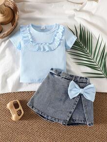 SHEIN Vintaside Kids 2pcs/Set,Baby Girl Spring&Summer Casual Style,Solid Color Short Sleeves T-Shirt&Shorts - Blue - View 8