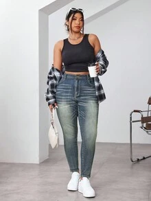 SHEIN ICON 大码女式高腰口袋修身休闲百搭牛仔裤 - 藍色 - 查看 5